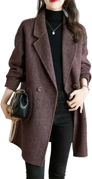 Women's Woolen Jacket - Elegant Single Breasted Coat Loose Casual Wool Blend Fashion Mid Length Overcoat