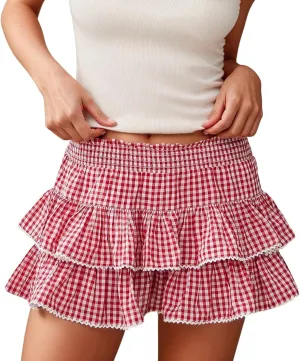 Women's Y2k Ruffle Fairy Skirt Floral Striped Gingham Flowy Mini Skirt Stretchy Waist Layered Pleated Short Skirts