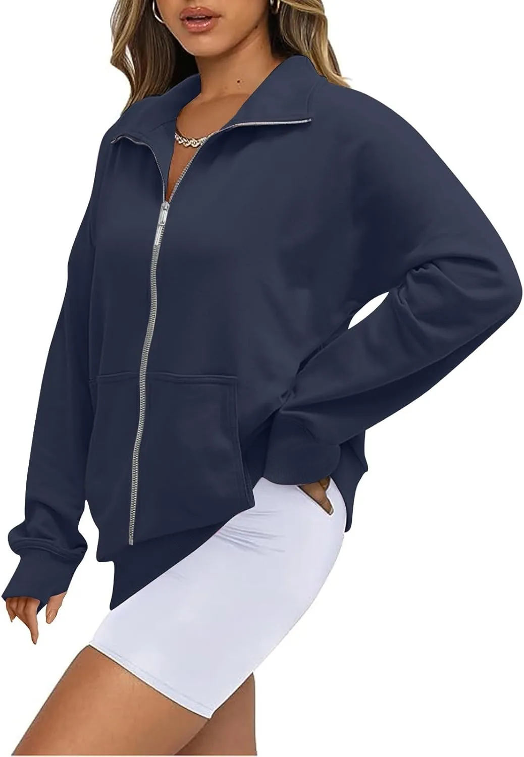 Womens Zip Up Sweatshirt with Thumb Hole Fleece Stand Collar Cropped Jacket with Pocket Casual Long Sleeve Fall Coat