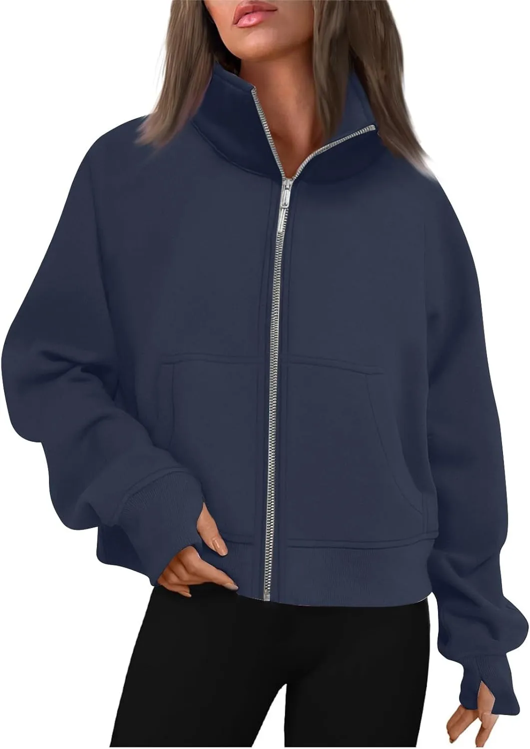 Womens Zip Up Sweatshirt with Thumb Hole Fleece Stand Collar Cropped Jacket with Pocket Casual Long Sleeve Fall Coat