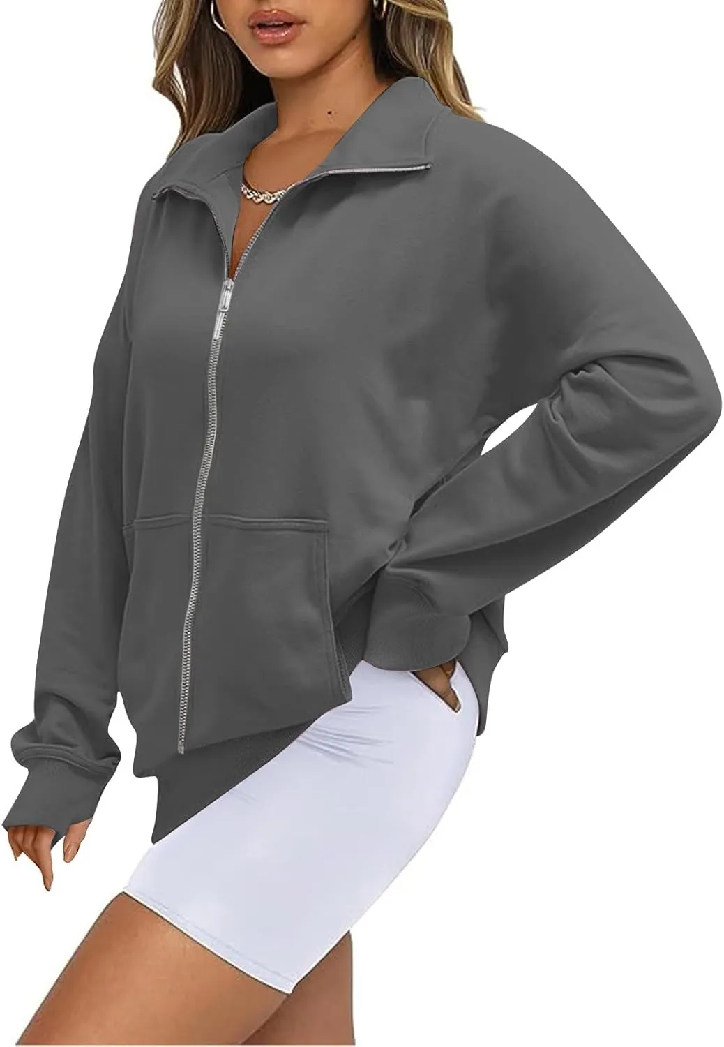 Womens Zip Up Sweatshirt with Thumb Hole Fleece Stand Collar Cropped Jacket with Pocket Casual Long Sleeve Fall Coat