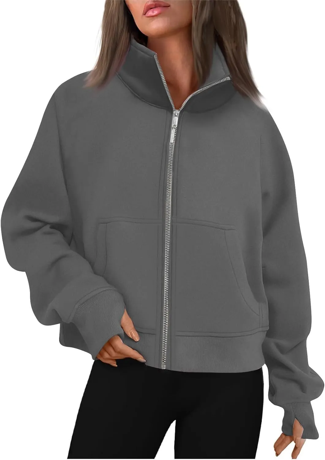 Womens Zip Up Sweatshirt with Thumb Hole Fleece Stand Collar Cropped Jacket with Pocket Casual Long Sleeve Fall Coat