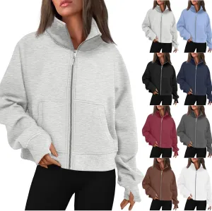 Womens Zip Up Sweatshirt with Thumb Hole Fleece Stand Collar Cropped Jacket with Pocket Casual Long Sleeve Fall Coat