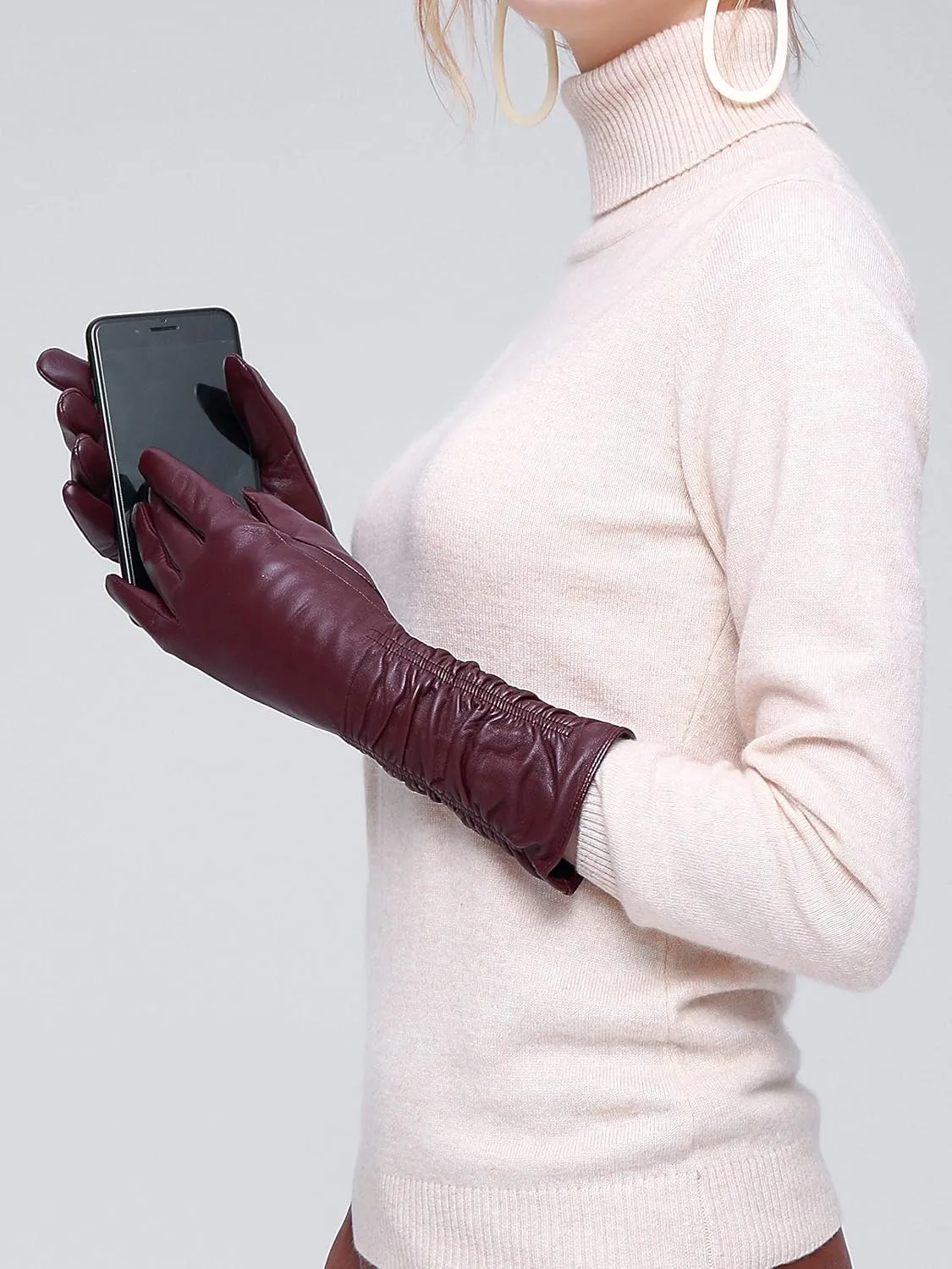 YISEVEN Women’s Mid Length Long Leather Gloves Touchscreen with Wrinkled Design