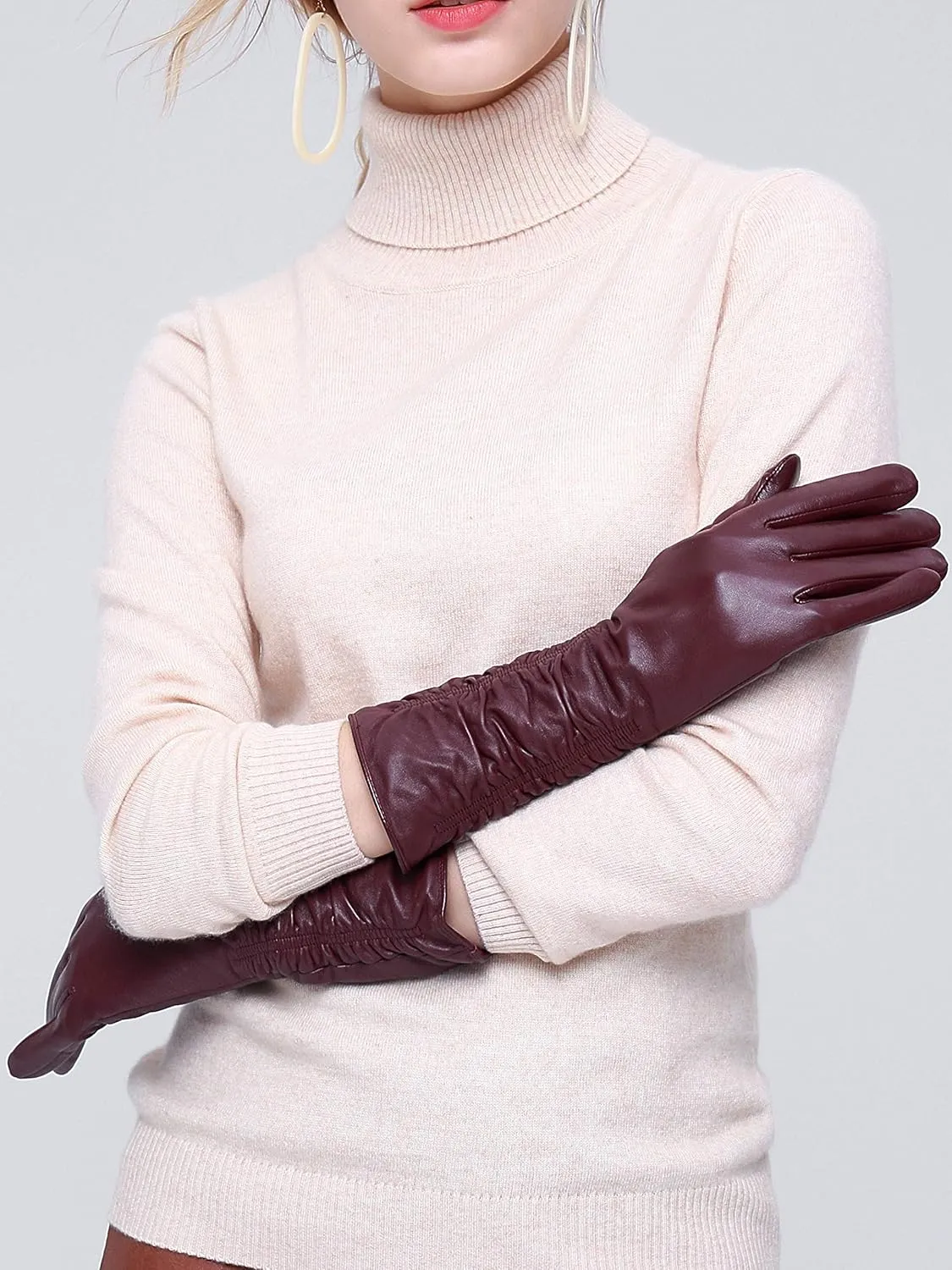 YISEVEN Women’s Mid Length Long Leather Gloves Touchscreen with Wrinkled Design