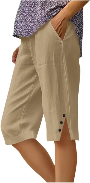 YRAETENM Linen Bermuda Shorts for Women Casual Summer Knee Length Linen Capri Pants Lightweight Beach Shorts with Pockets