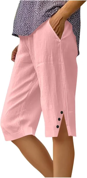 YRAETENM Linen Bermuda Shorts for Women Casual Summer Knee Length Linen Capri Pants Lightweight Beach Shorts with Pockets