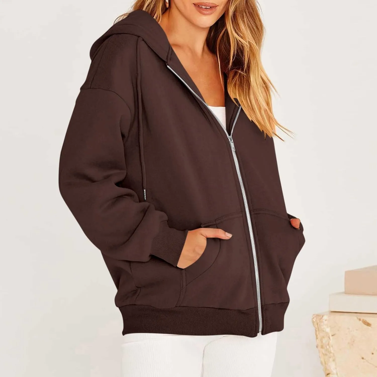 Zip Up Jackets for Women Trendy Casual Long Sleeve Hoodies Comfy Loose Solid Sweatshirt with Pockets