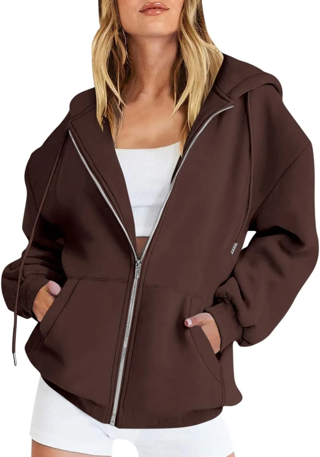 Zip Up Jackets for Women Trendy Casual Long Sleeve Hoodies Comfy Loose Solid Sweatshirt with Pockets