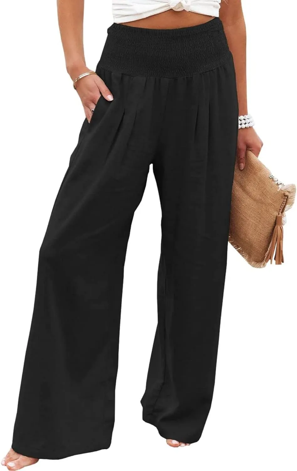 ZWRXW Women's Linen Pants Summer Flowy Palazzo Wide Leg Pants Beach High Waisted Trousers Boho Long Lounge Pants with Pockets