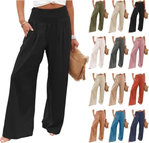 ZWRXW Women's Linen Pants Summer Flowy Palazzo Wide Leg Pants Beach High Waisted Trousers Boho Long Lounge Pants with Pockets