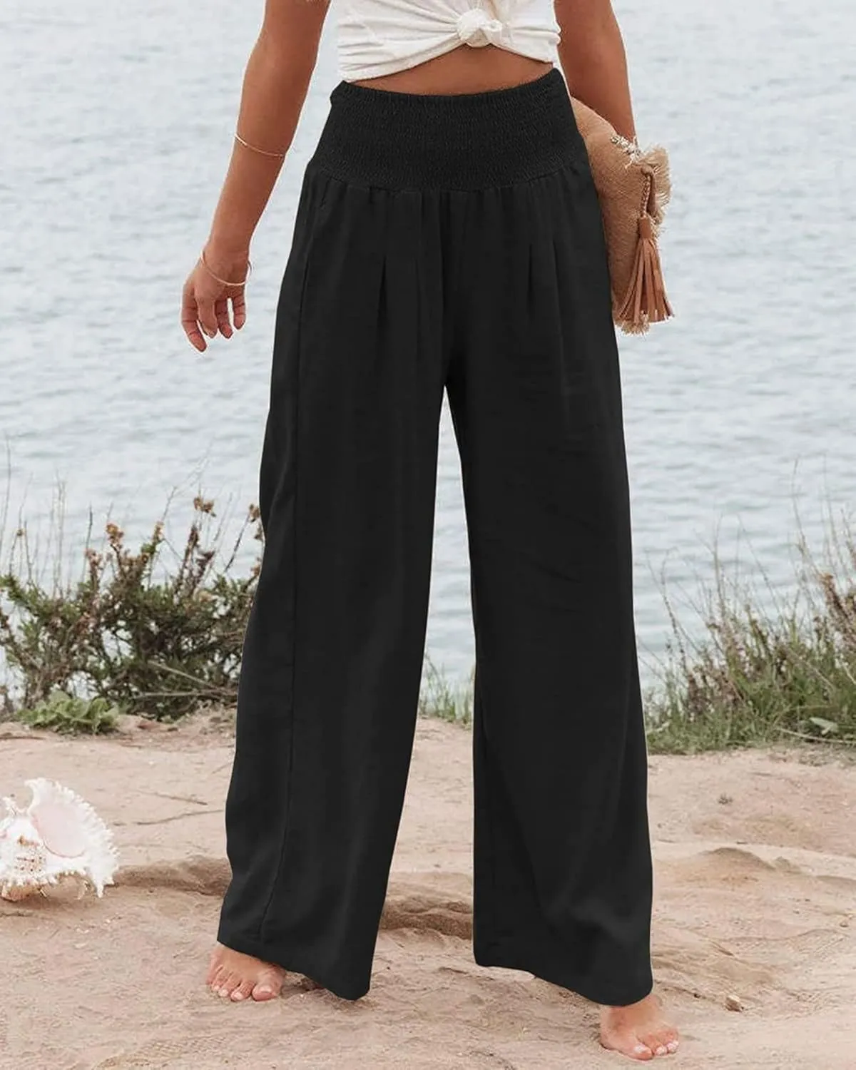 ZWRXW Women's Linen Pants Summer Flowy Palazzo Wide Leg Pants Beach High Waisted Trousers Boho Long Lounge Pants with Pockets