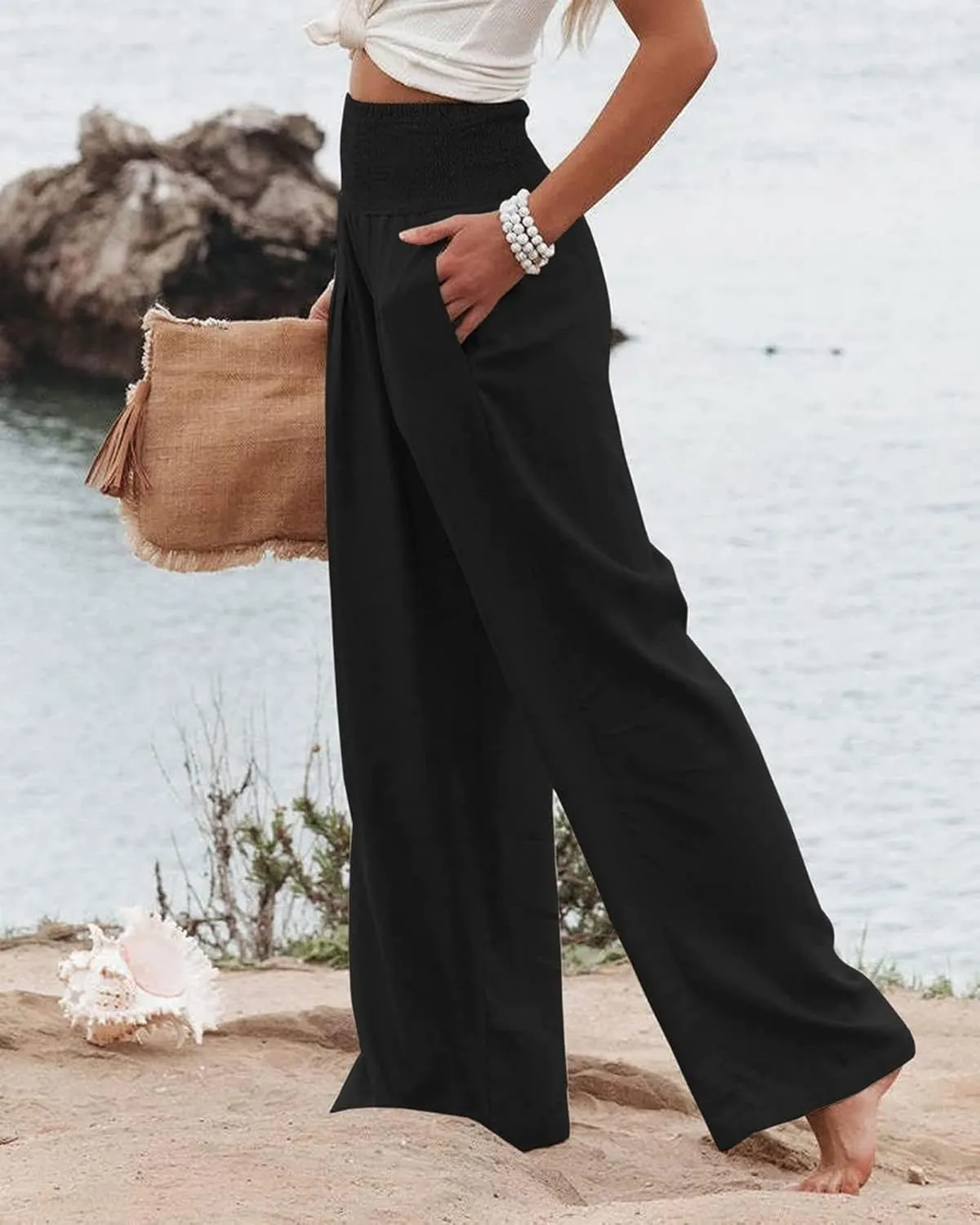 ZWRXW Women's Linen Pants Summer Flowy Palazzo Wide Leg Pants Beach High Waisted Trousers Boho Long Lounge Pants with Pockets