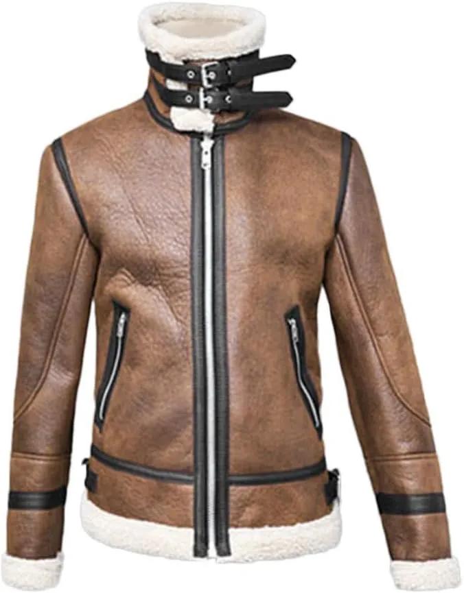 ZYXTIM Mens Winter Warm Faux Fur Lined Leather Motorcycle Jacket Classic Vintage Full-Zip Parka Trucker Bomber Jackets